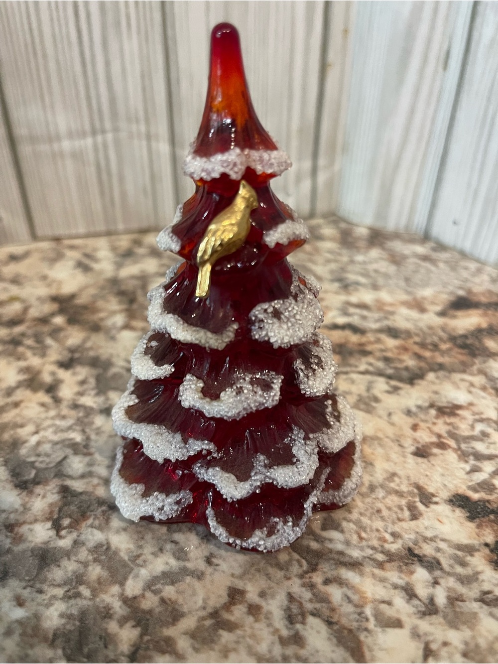 Vintage Fenton red Christmas Tree with Gold Bird
